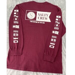 Salty Crew Nautical Flag Long Sleeve T-Shirt Men's LG Burgundy 100% Cotton Diver